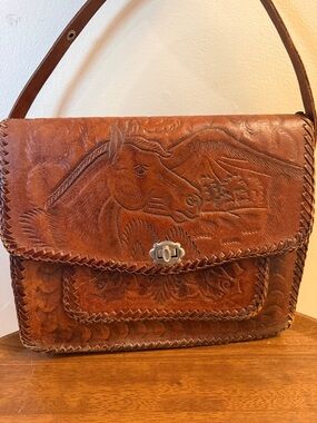 Vintage! Handcrafted Tooled Brown Leather Horse Shoulder Bag